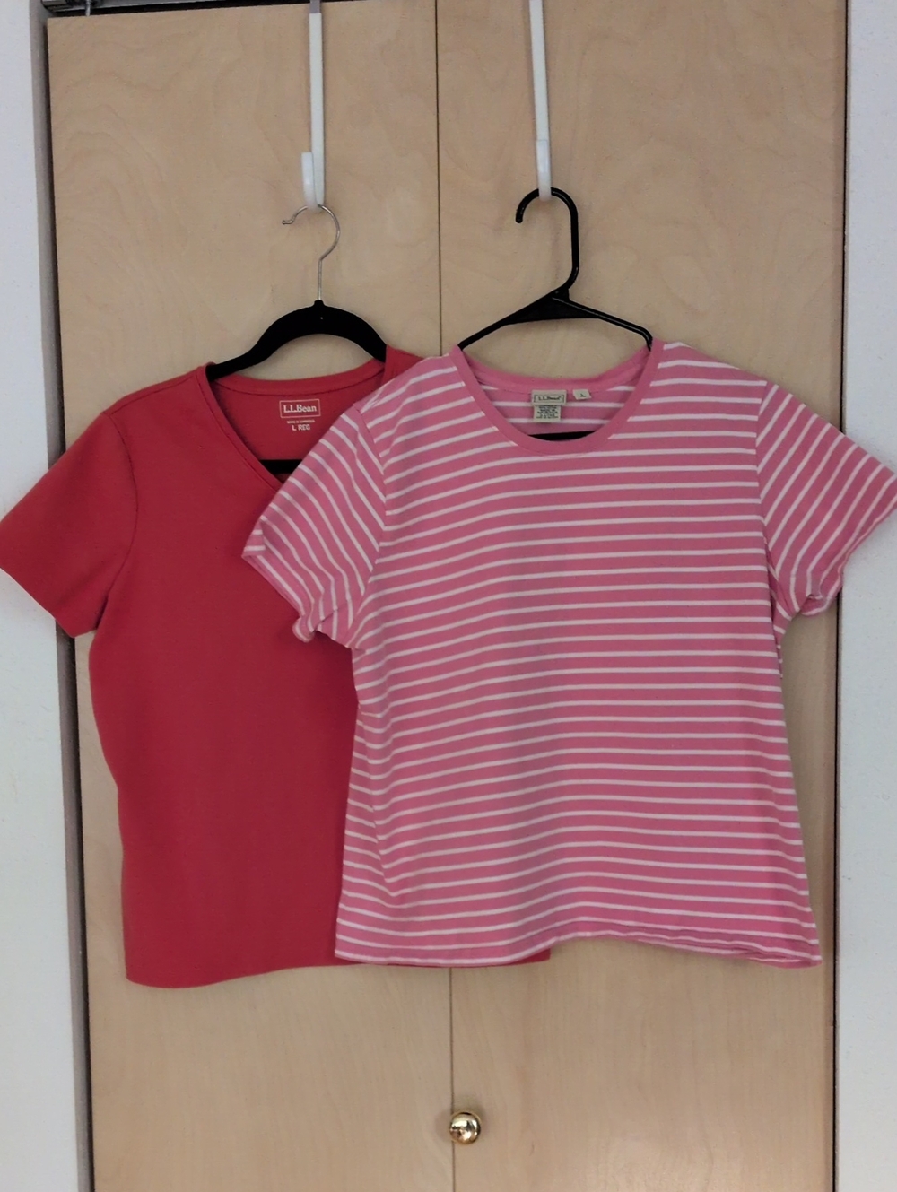 Two L.L. Bean Short-Sleeve Women's Tees - Solid & Striped Large 100% Cotton